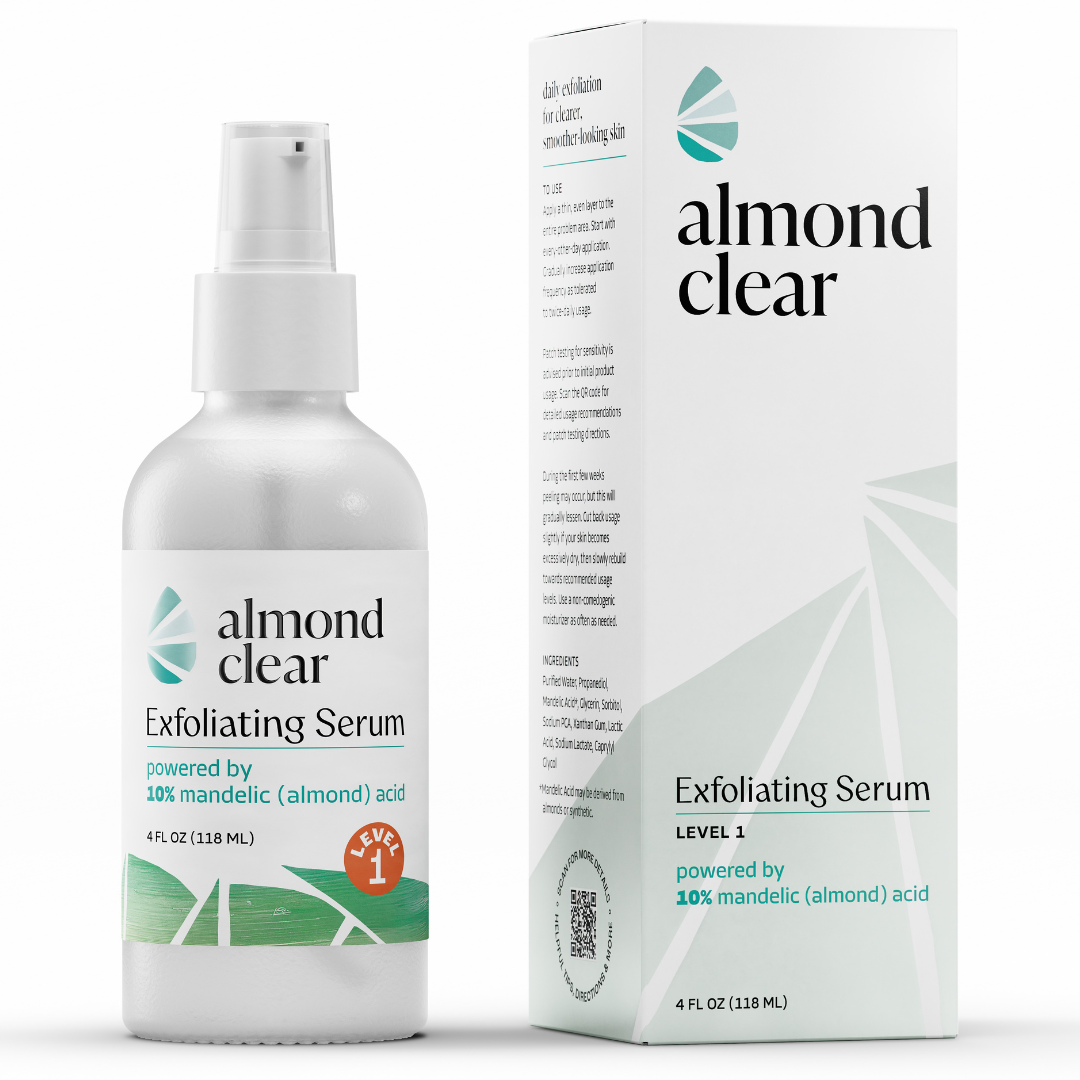 Almond Clear Level 1 exfoliating serum bottle and packaging on a white background