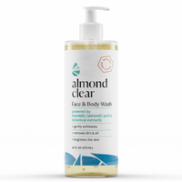 Almond Clear Face and Body Wash 16 oz pump bottle with mandelic acid, removes dirt and oil and brightens skin