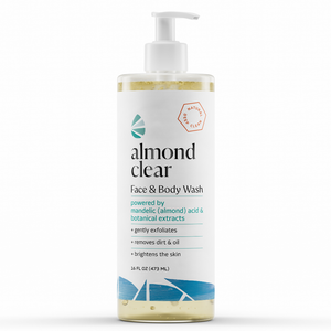 Almond Clear Face and Body Wash 16 oz pump bottle with mandelic acid, removes dirt and oil and brightens skin
