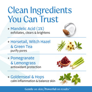 Almond Clear Face and Body Wash for fungal acne-prone skin, clean ingredients: 1% mandelic acid, witch hazel, green tea, and hops