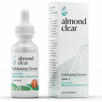 Almond Clear Level 1 Exfoliating Serum bottle and packaging. Powered by 10% Mandelic Acid for face and sensitive body skin.