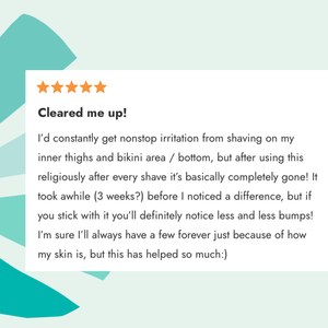 Five-star product review highlighting Almond Clear Level 1 Exfoliating Serums's benefit to smooth skin after shaving.