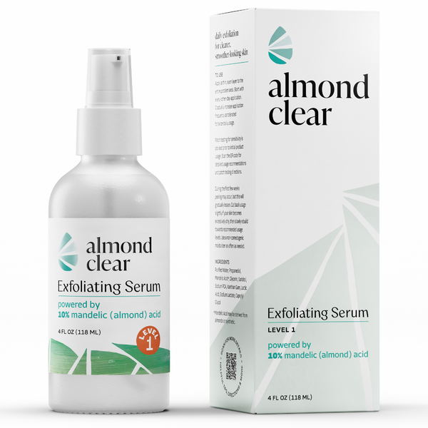 Almond Clear Level 1 exfoliating serum bottle and packaging on a white background