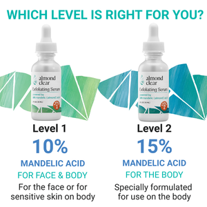 Two bottles of almond clear exfoliating serum with level 1 and level 2 differences